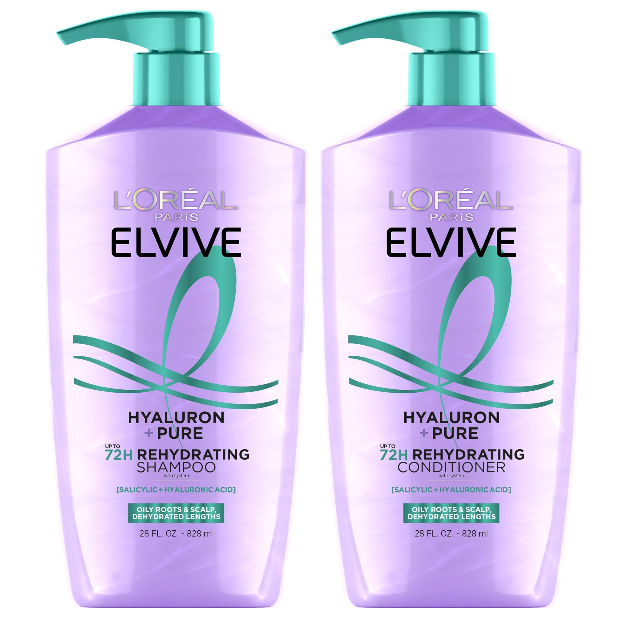 L'Oreal Paris Elvive Hyaluron + Pure Shampoo and Conditioner Set, Clarifying Shampoo and Rehydrating Conditioner with Salicylic Acid and Hyaluronic Acid, 1 Kit