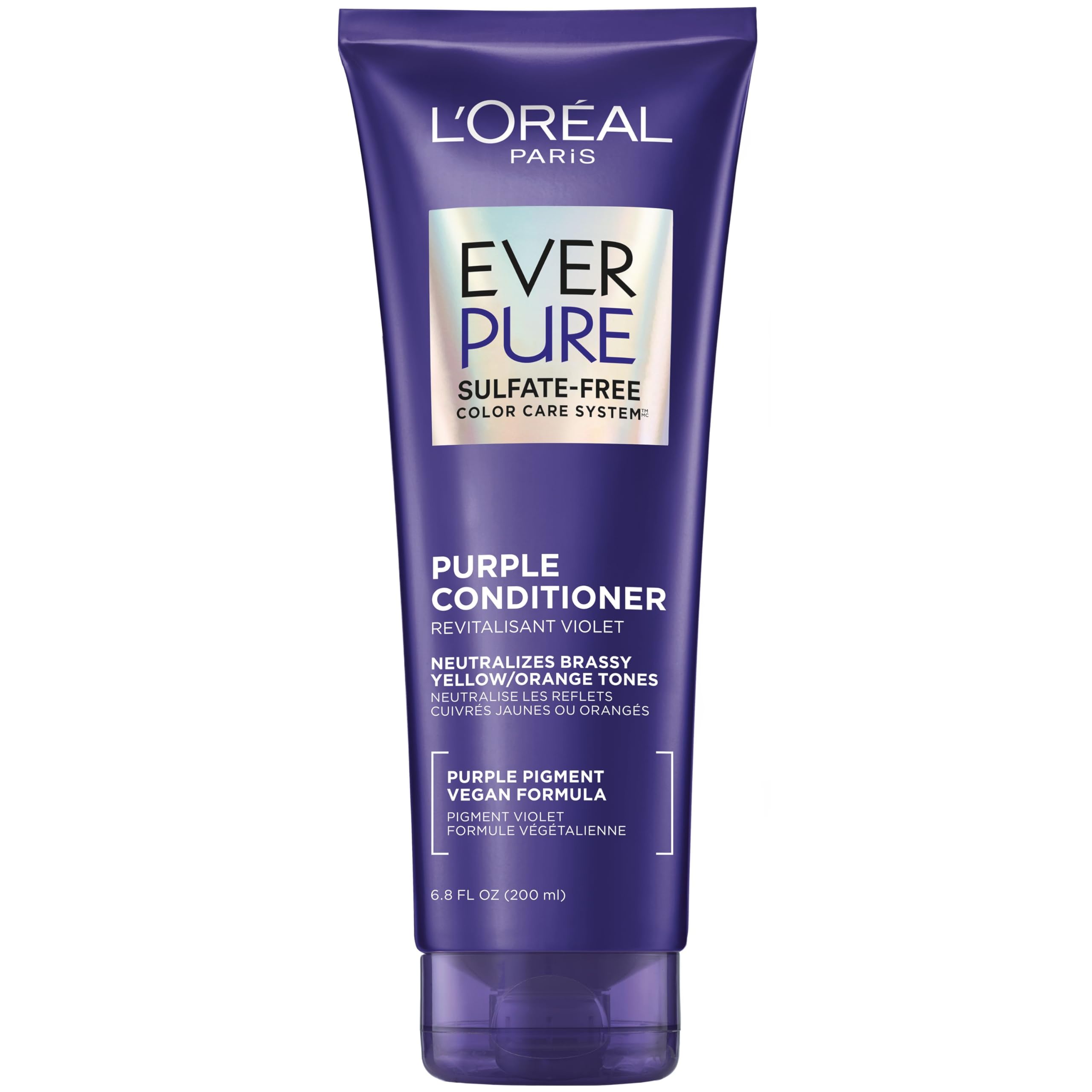 L’Oreal Paris Sulfate Free Brass Toning Purple Conditioner for Blonde, Bleached, Silver, or Brown Highlighted Hair, EverPure, 6.8 Fl Oz (Packaging May Vary)