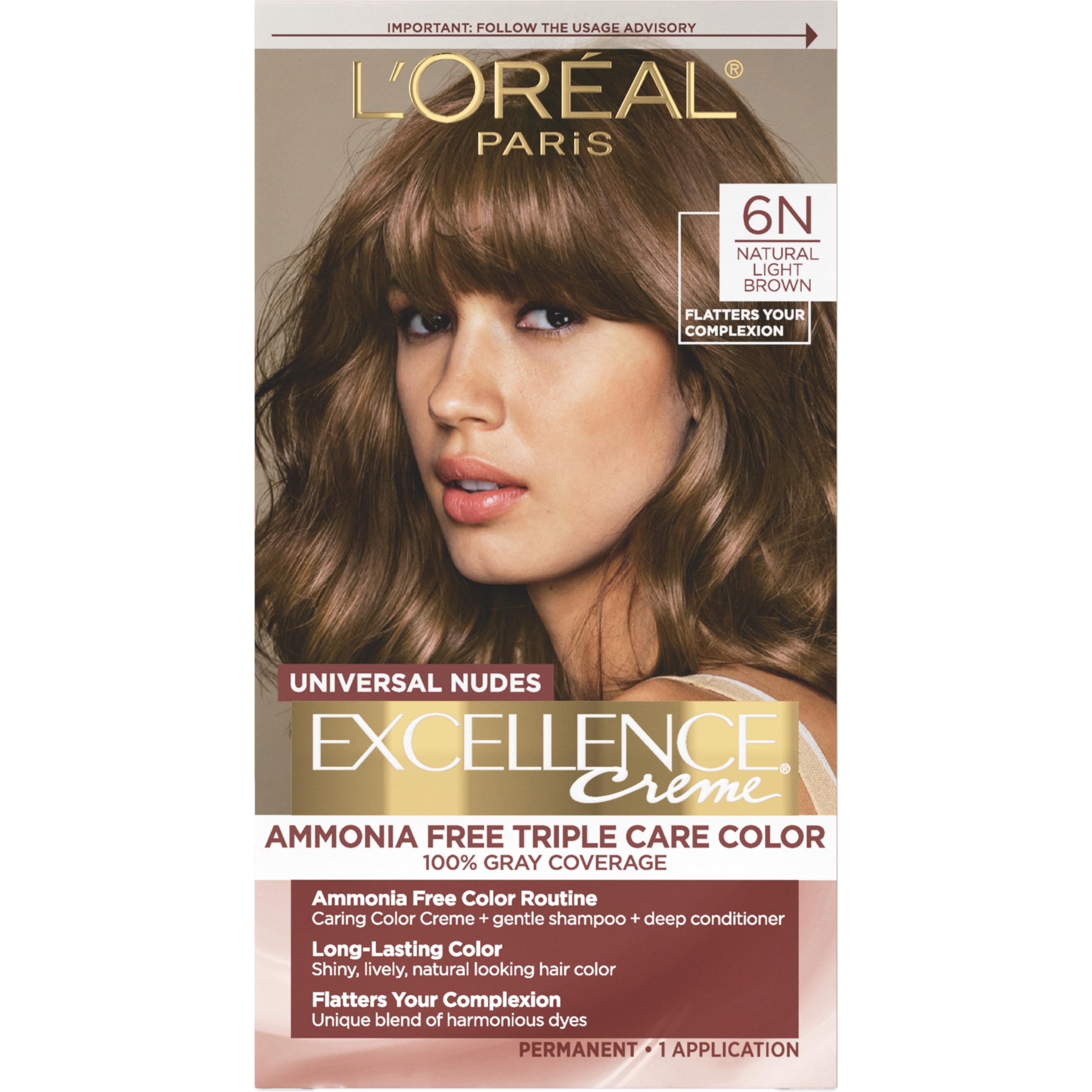L’Oreal Paris Excellence Universal Nudes Permanent Hair Color, Ammonia Free Hair Dye for Gray Hair Coverage, 6N Natural Light Brown, 1 Hair Dye Kit