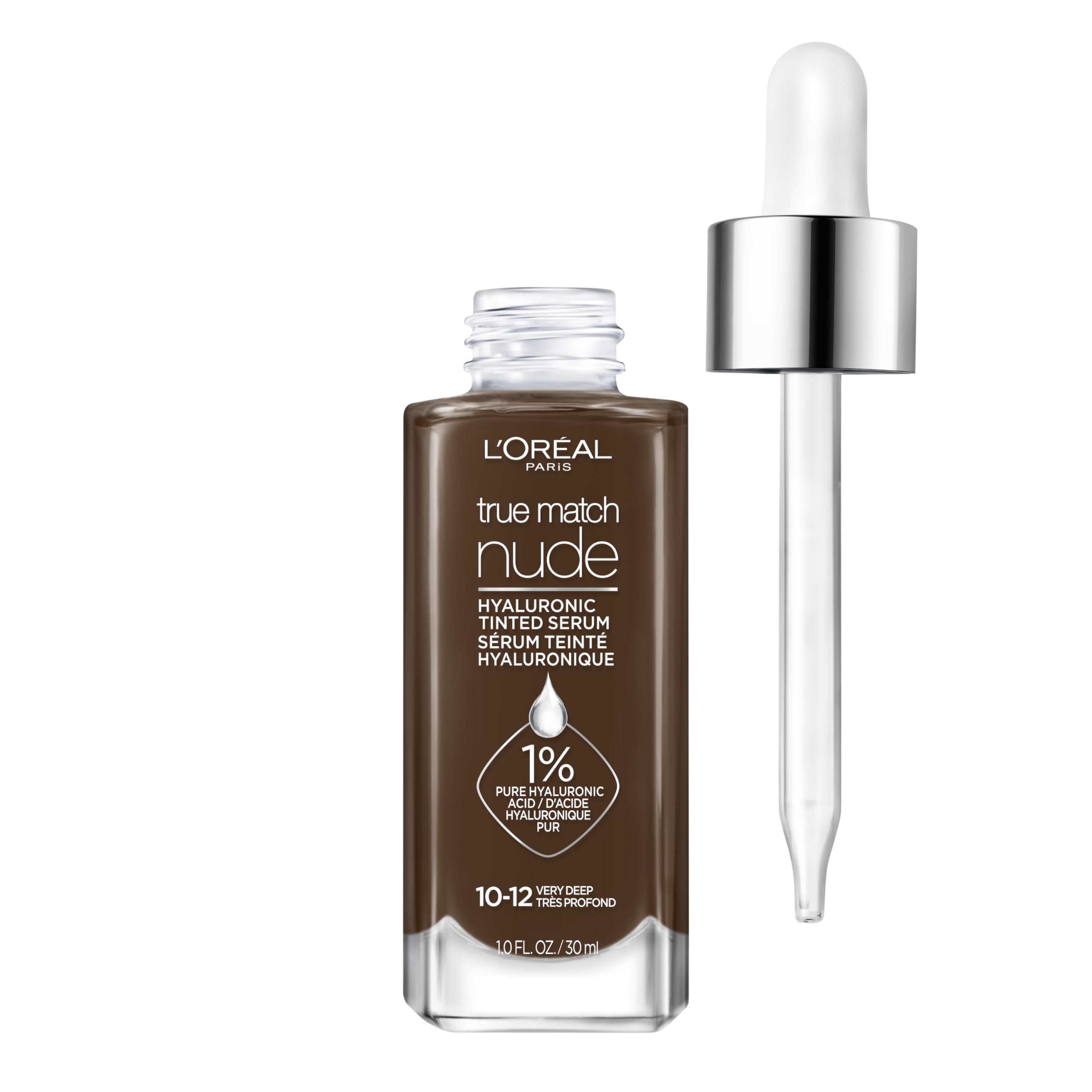 L'Oreal Paris True Match Nude Hyaluronic Tinted Serum Foundation with 1% Hyaluronic acid, Very Deep 10-12, 1 fl. oz.