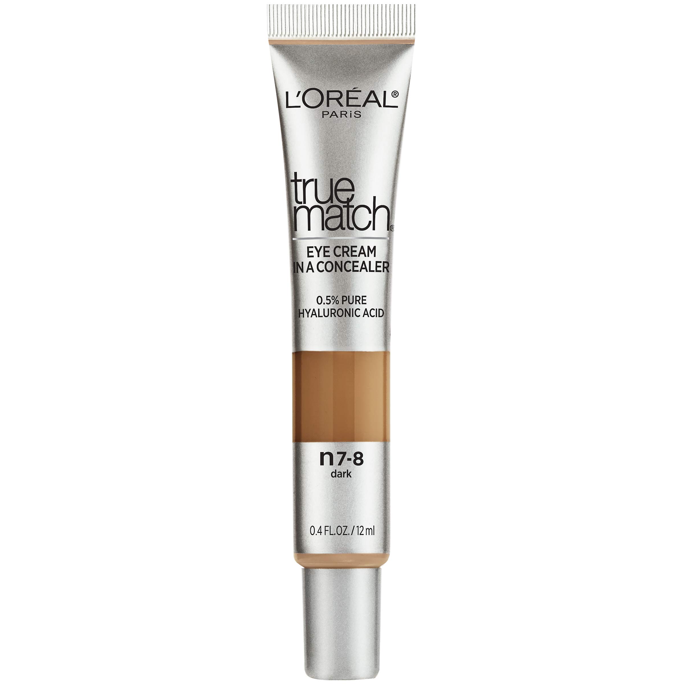L’Oréal Paris True Match Eye Cream in a Concealer, 0.5% hyaluronic acid, Dark N7-8, 0.4 fl. oz.