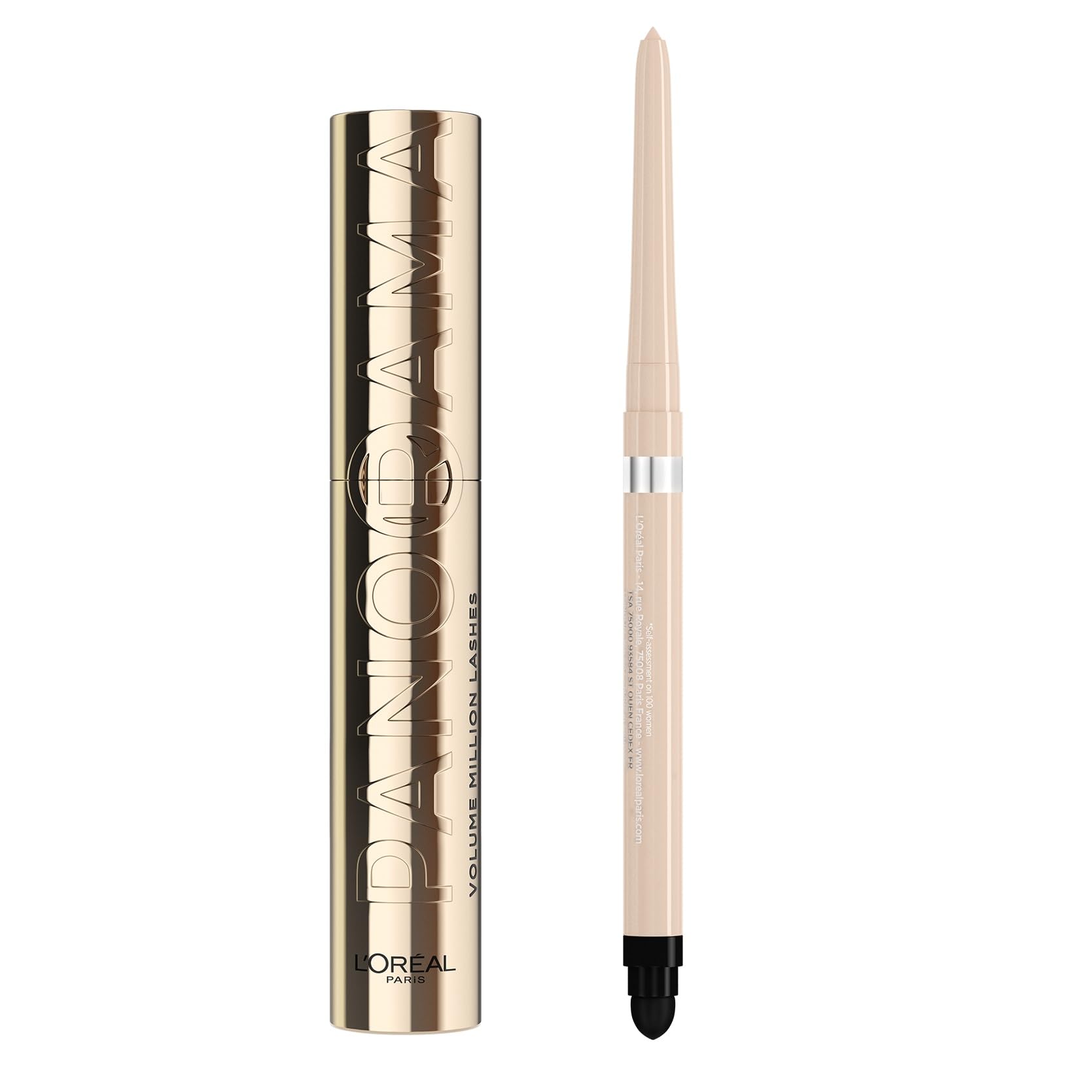 L’Oréal Paris Voluminous Panorama Mascara and Infallible Grip Mechanical Gel Eyeliner Pencil Bundle, Blackest Black Mascara and Bright Nude Eyeliner, Pack of 1