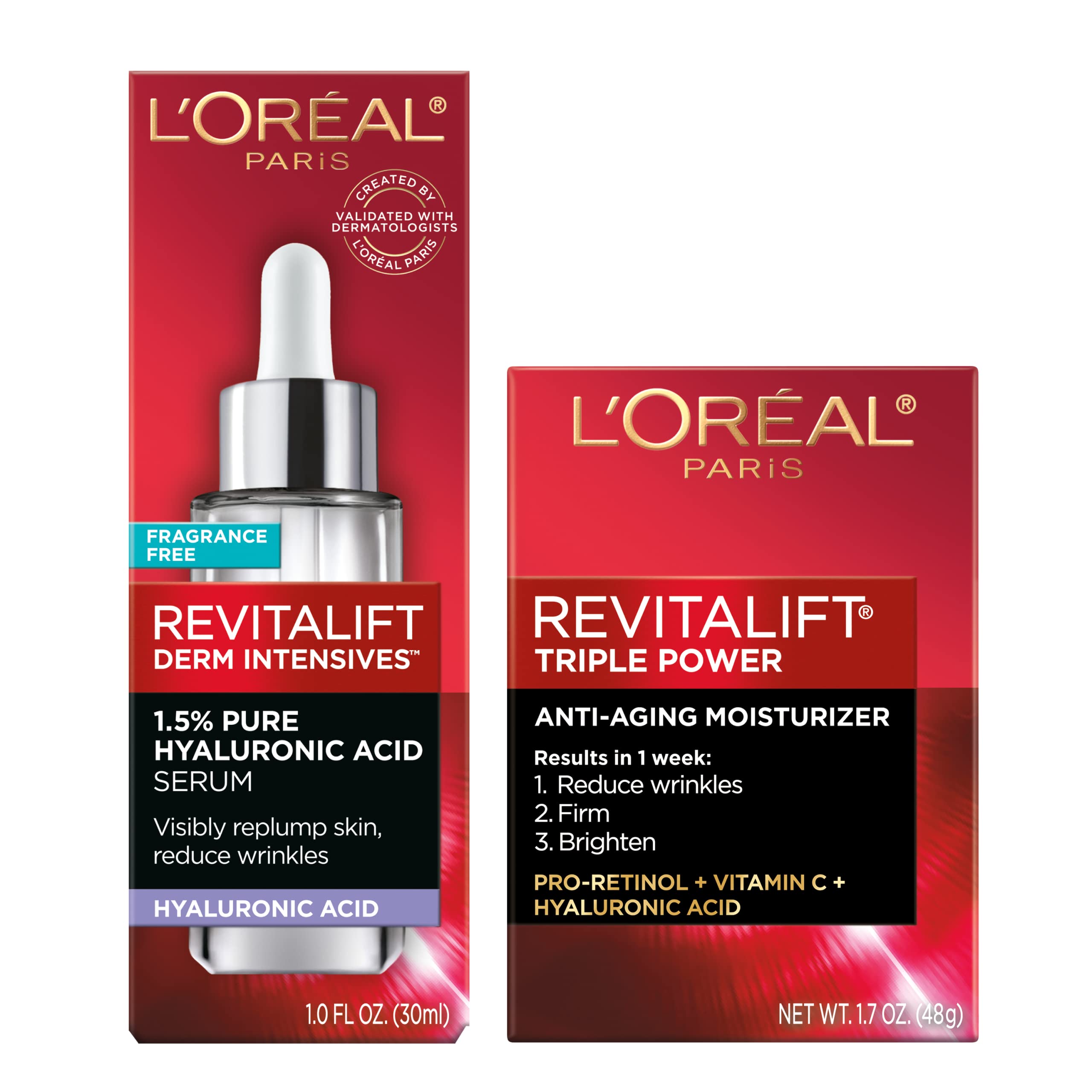 L'Oreal Paris Revitalift 1.5% Pure Hyaluronic Acid Face Serum + Triple Power Anti-Aging Face Moisturizer, 1 kit