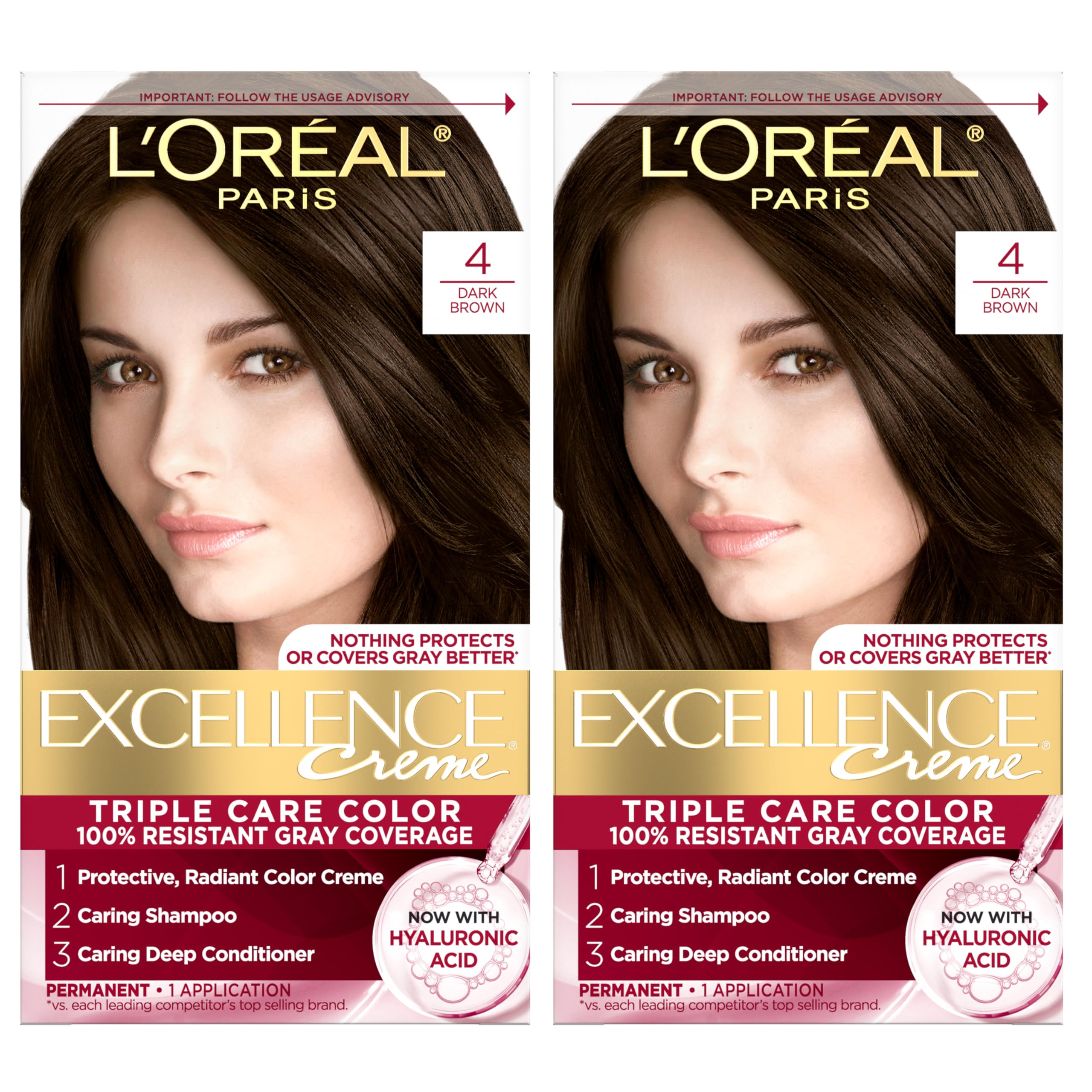L'Oreal Paris Excellence Crème Permanent Hair Dye, Triple Care Hair Color with Pro-Keratine Complex for 100% Gray Hair Coverage, 4 Dark Brown, 1 Kit (Pack of 2)