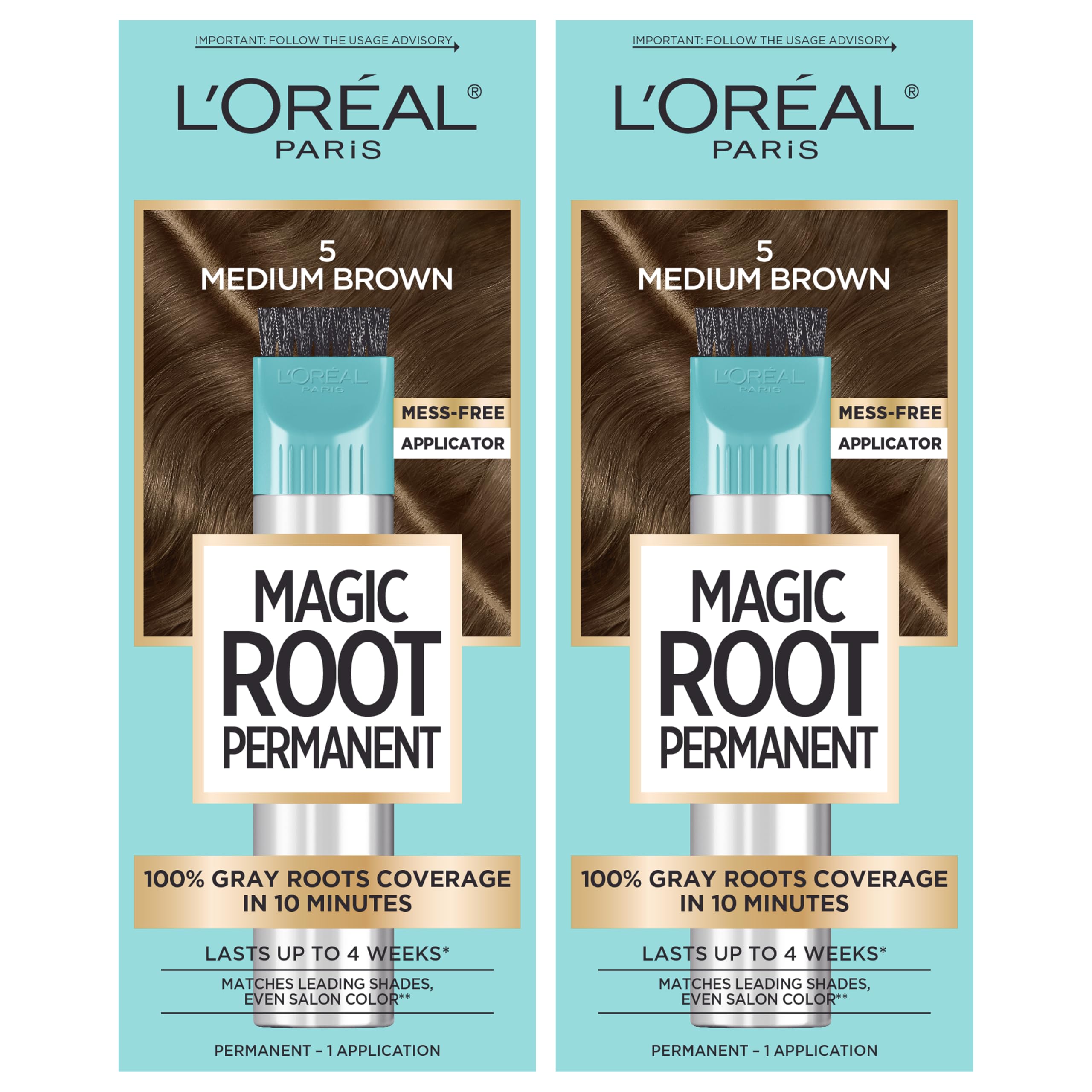 L’Oréal Paris Magic Root Permanent Hair Color, 10 Minute Hair Dye Kit to Rescue Roots with 100% Gray Hair Coverage, 5 Medium Brown, 2 Pack (Packaging May Vary)
