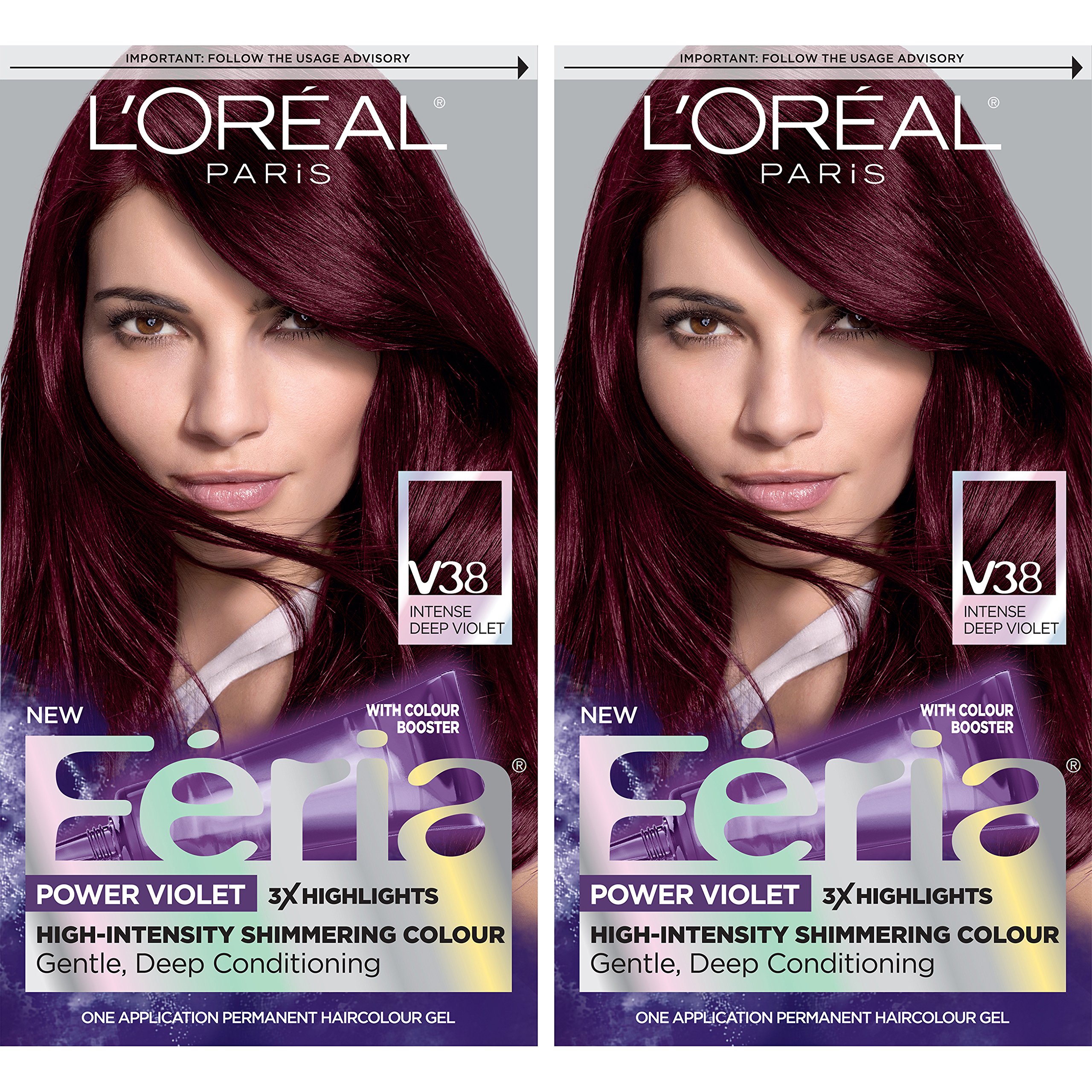 L'Oreal Paris Feria Multi-Faceted Shimmering Permanent Hair Color, V38 Violet Noir, Hair Dye Kit, Pack of 2